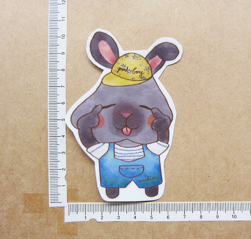 Hand-painted illustration style completely waterproof sticker bunny making funny faces Siamese rabbit gray rabbit - สติกเกอร์ - วัสดุกันนำ้ สีเทา