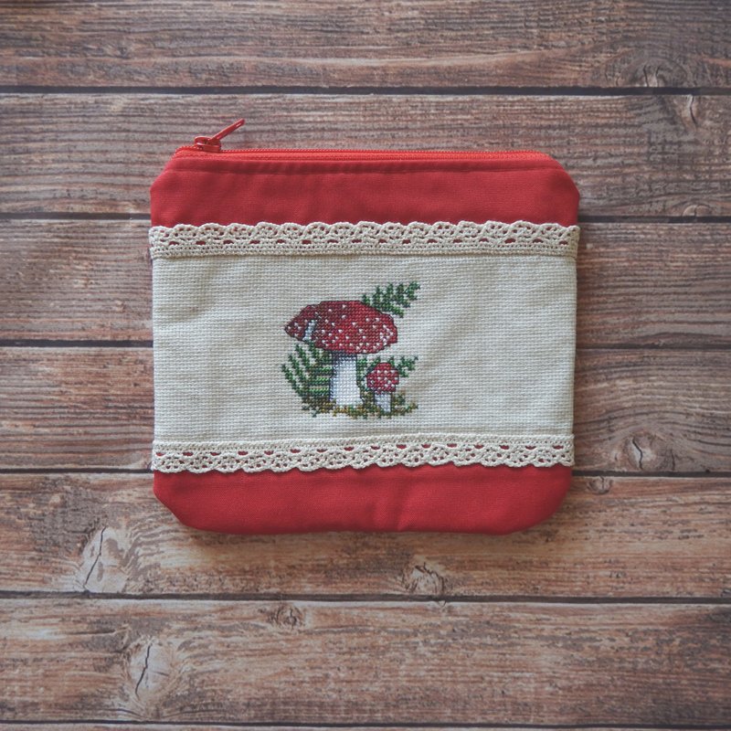 Embroidered pouch Cosmetics bag with embroidered fly agaric Mushroom wallet - Toiletry Bags & Pouches - Polyester Red