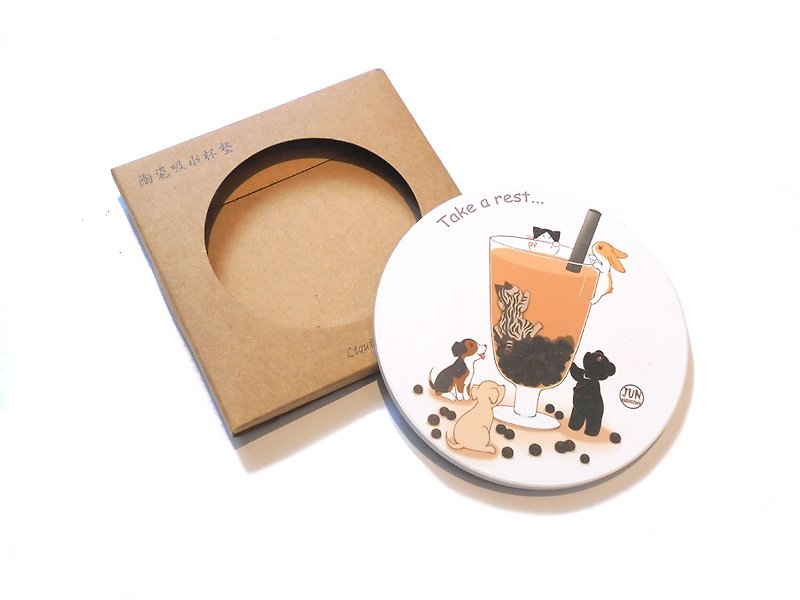 Animal ceramic absorbent coaster~Dessert series~Pearl milk tea animal - Coasters - Pottery Multicolor