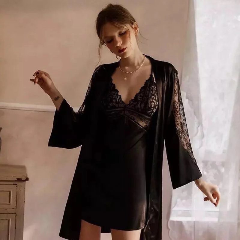 Satin Nightgown + Robe - 睡衣/家居服 - 其他材質 