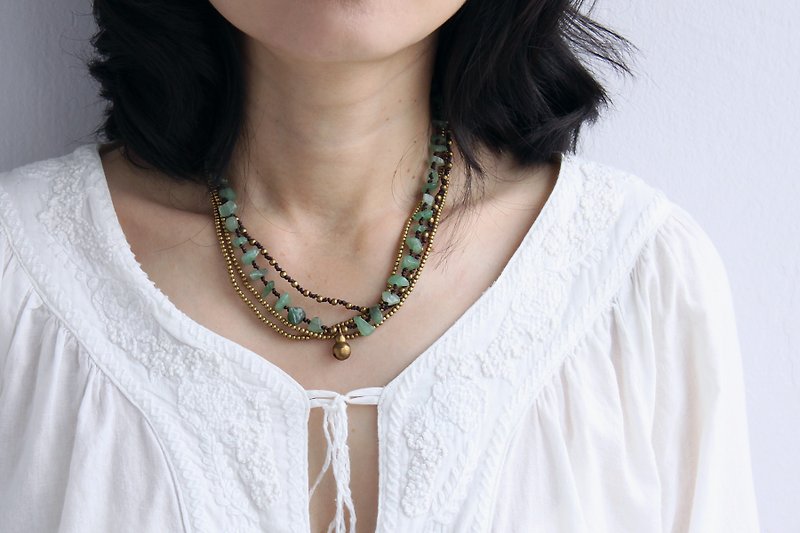 Jade Brass Layered Woven Stone Short Necklaces Hippy Bohemian Style Jewelry - Necklaces - Stone Green