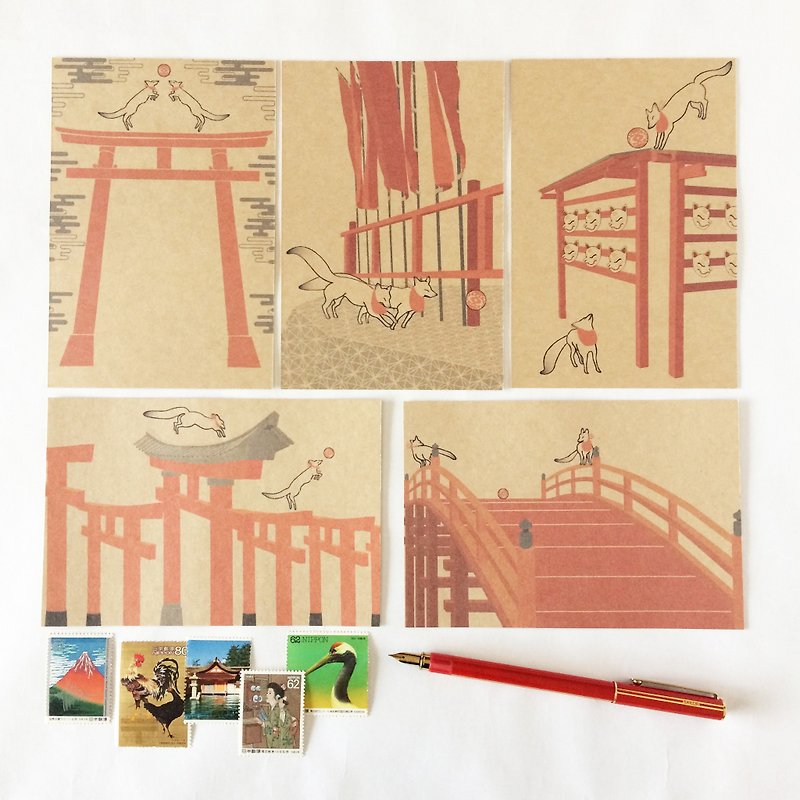 Kitsune no yome postcard set of 5 Inari Shrine Torii Japan Japanese Cloud Animal Fox's wedding letter - การ์ด/โปสการ์ด - กระดาษ สีนำ้ตาล
