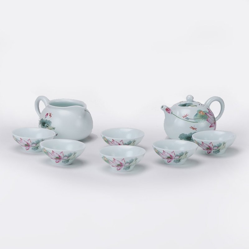 Qingfeng Heyun tea set│1 pot 1 sea 6 cups│Mid-Autumn Festival gift box - Teapots & Teacups - Porcelain White