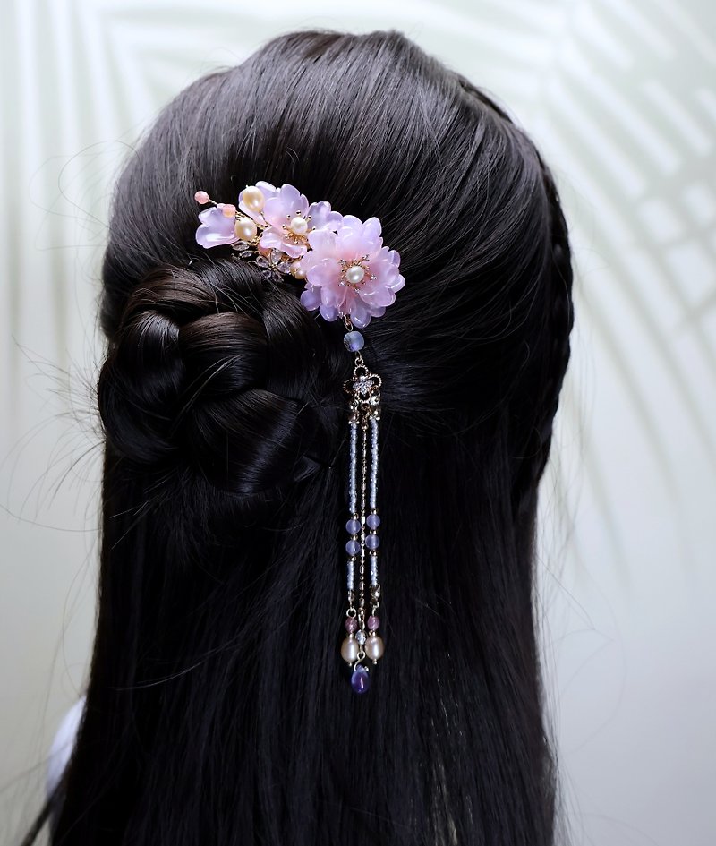 Lemon handmade hair accessories, pine leaf and peony hairpin/hairpin (two colors - Hair Accessories - Colored Glass Purple