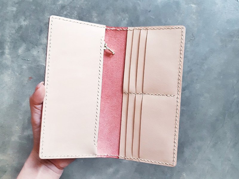 6 card position coin purse long clip, well stitched leather material bag, free lettering Italian vegetable tanned long wallet - เครื่องหนัง - หนังแท้ สีแดง