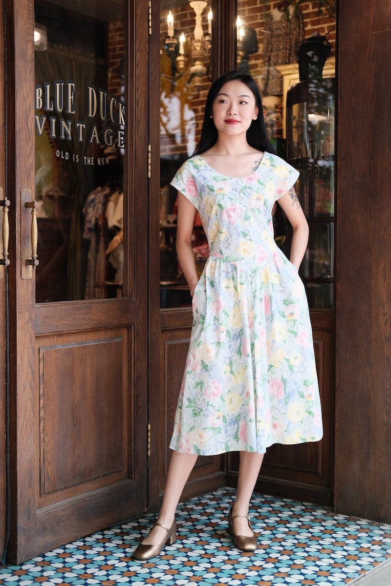 Vintage dress American sweet vintage watercolor print dress vintage - ชุดเดรส - ผ้าฝ้าย/ผ้าลินิน 