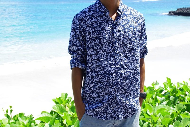 Adult Coral Pattern Men's Resort Print Shirt Coral Print Navy - เสื้อเชิ้ตผู้ชาย - วัสดุอื่นๆ สีน้ำเงิน