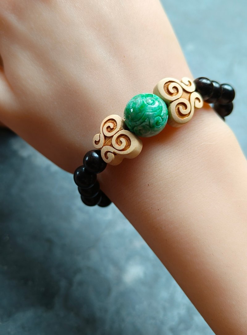 Natural Burmese carved green beads jade butterfly wood beads sandalwood beads bracelet - Bracelets - Gemstone Green