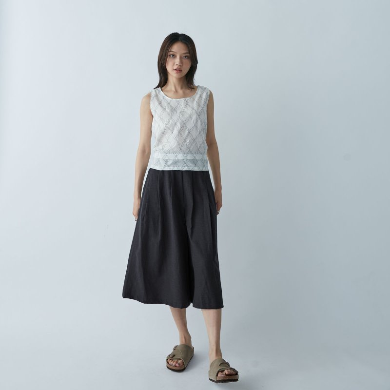 短版打褶寬褲 - 黑 - 女長褲 - 棉．麻 黑色