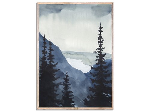 Nadya Ya Art Dark Blue Mountain Art Print Abstract Watercolor Painting Pine Trees Forest Art
