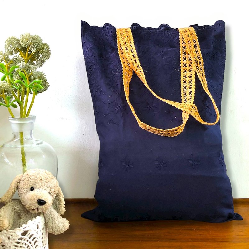 棉．麻 手提包/手提袋 藍色 - (Xmas Gift Box) Navy Blue - Lace Embroidery Floral Tote Bag