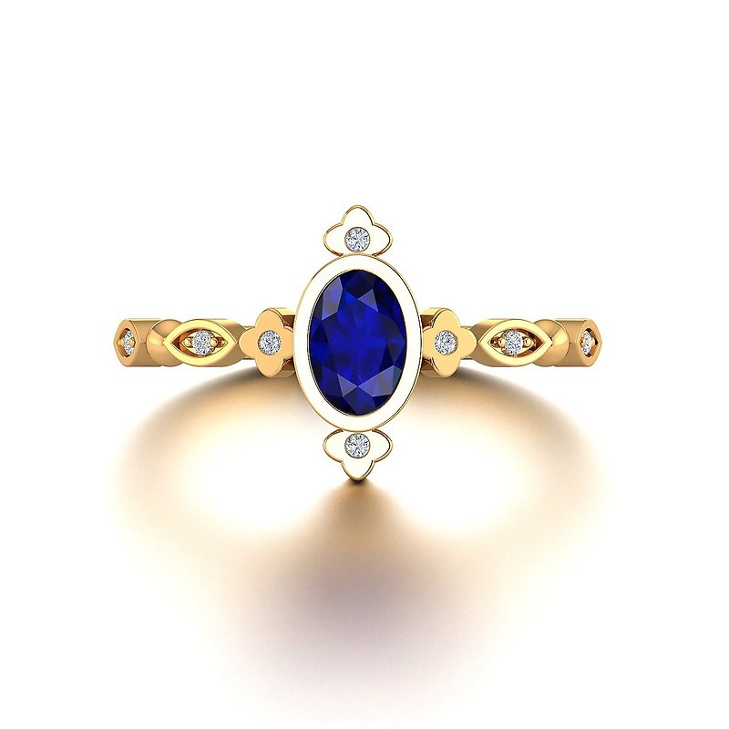 18k Yellow Gold Sapphire Diamond Ring - Custom Jewellery - Vintage Ring R057 - General Rings - Gemstone Blue