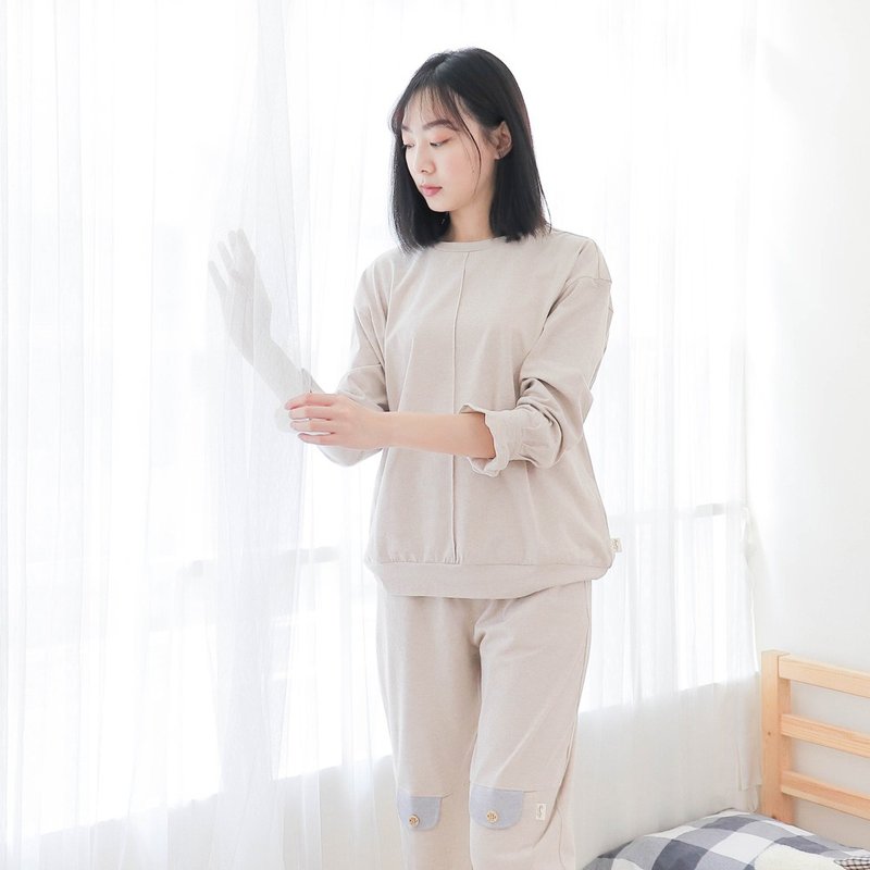 MIT有機棉公主袖長袖居家服-麻花卡其 - 居家服/睡衣 - 棉．麻 卡其色