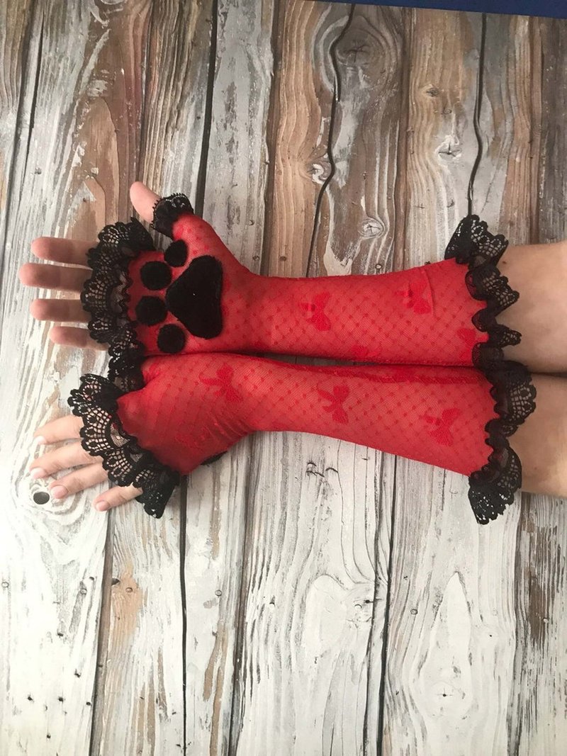 Red Paws Lace Mittens Catzo Mittens - 手套 - 其他人造纖維 黑色