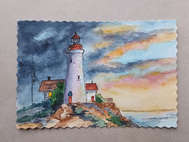灯台の絵オリジナル水彩画海景アート - ポスター・絵 - 紙 多色