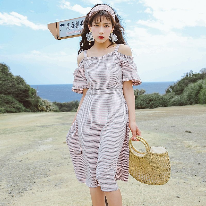 Anne Chen 2018 summer new style literary women's plaid waist dress dress - ชุดเดรส - เส้นใยสังเคราะห์ หลากหลายสี
