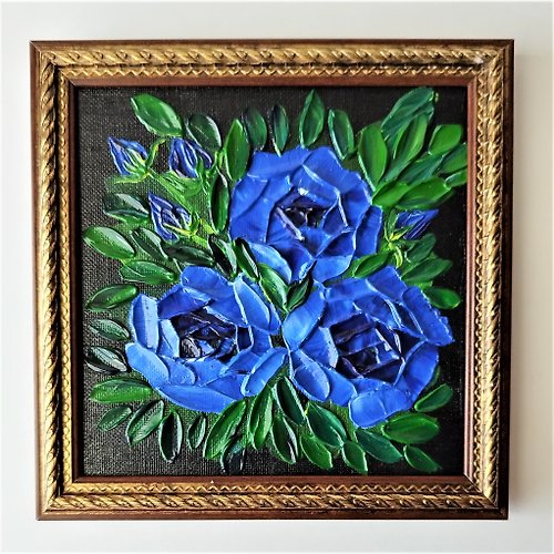 Artpainting Handcrafted Blue Roses Acrylic Painting: Textured Rose Flower Artwork