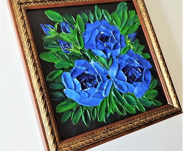 手作りの青いバラのアクリル絵の具: テクスチャ付きのバラの花のアート ...