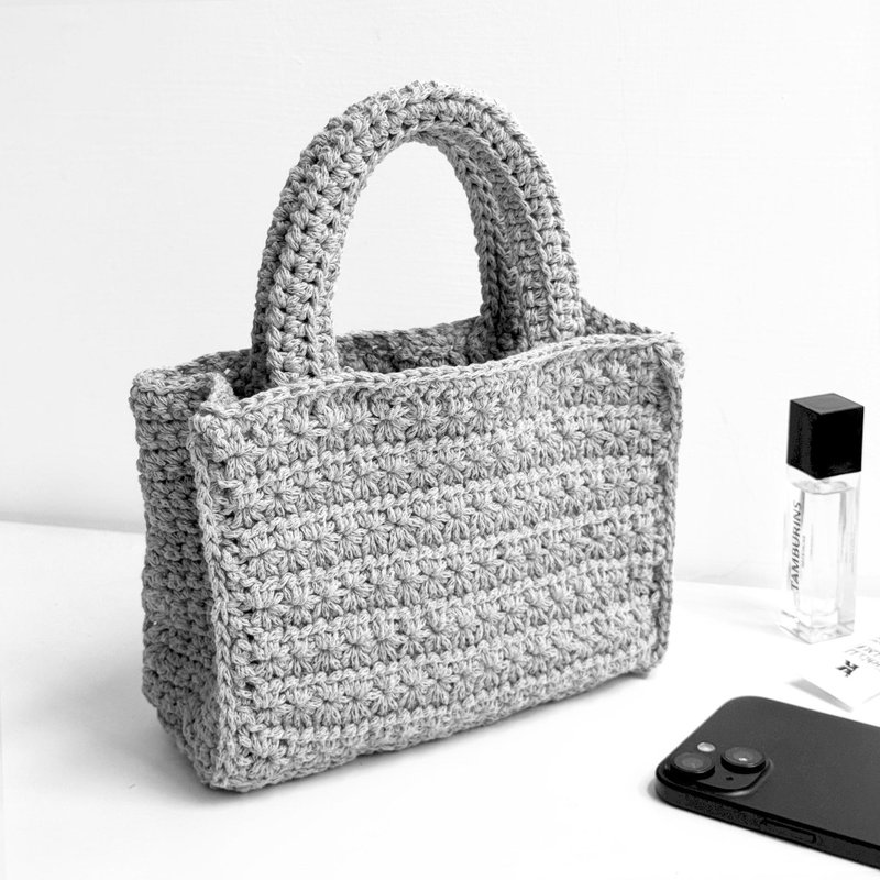 鉤鉤小方包 / 多色可選 鉤織編織提袋手提包手提袋 棉 - 手提包/手提袋 - 棉．麻 灰色