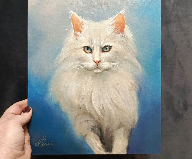 白猫の肖像画。30x25 cm。油絵。猫の絵。 - ショップ