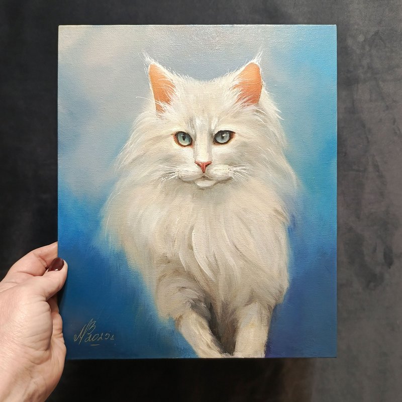 白猫的肖像。 30x25厘米。 油画。 猫画。 - 海報/掛畫/掛布 - 棉．麻 白色