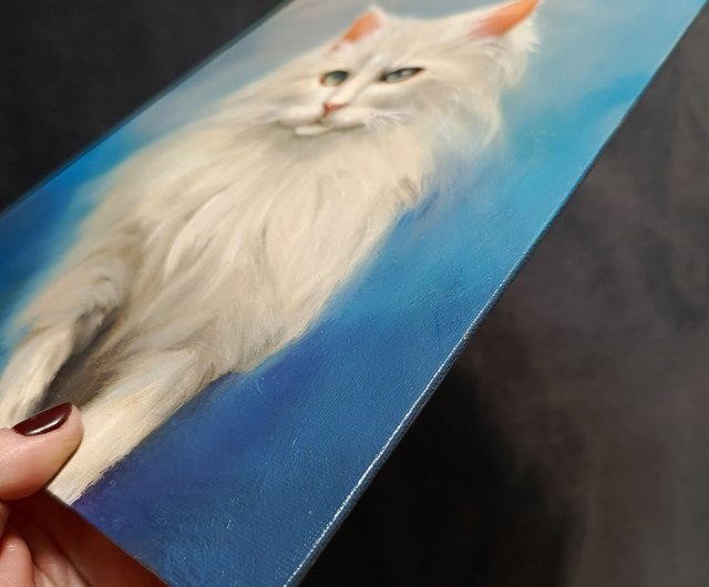 白猫の肖像画。30x25 cm。油絵。猫の絵。 - ショップ