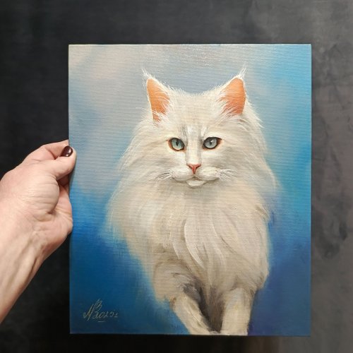 白猫の肖像画。30x25 cm。油絵。猫の絵。 - ショップ