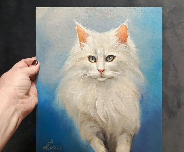 白猫の肖像画。30x25 cm。油絵。猫の絵。 - ショップ