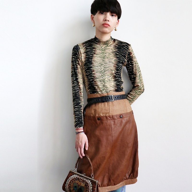 Pumpkin Vintage. Panelled buttoned leather skirt - กระโปรง - หนังแท้ 