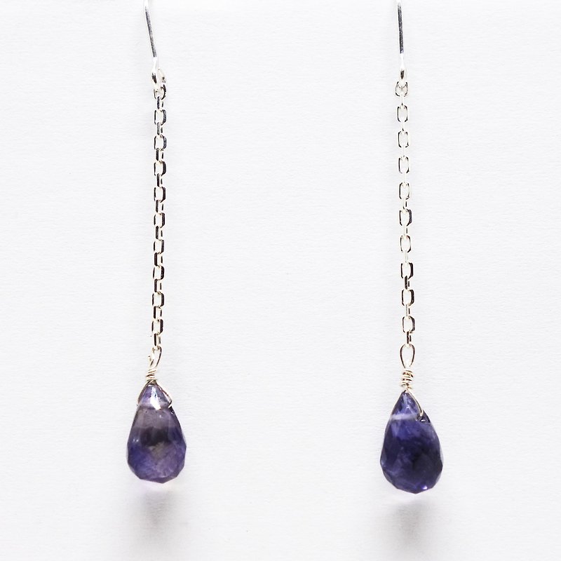 SV925 Iolite briolette long chain earrings【Pio by Parakee】天然石耳環 - Earrings & Clip-ons - Gemstone Blue