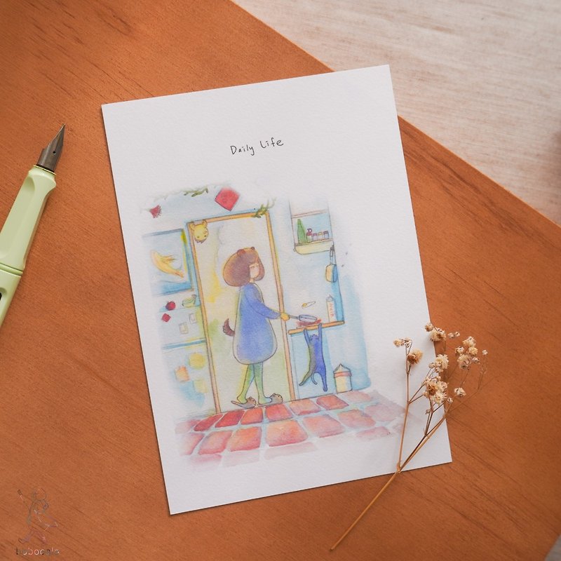 日常 / イラスト水彩ポストカード / 03.朝食を作る - カード・はがき - 紙 多色