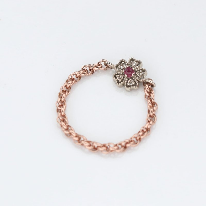 14K Vintage Ruby Love Flower Double Ring Curly Chain Ring - แหวนทั่วไป - เครื่องประดับ สีทอง