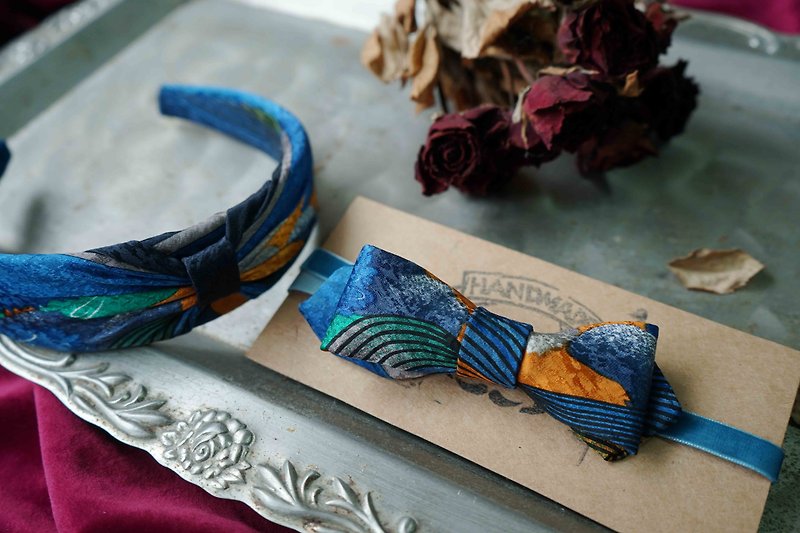 手作古董領帶改造復古領結-藍色情挑-窄版 - 煲呔 - 絲．絹 藍色