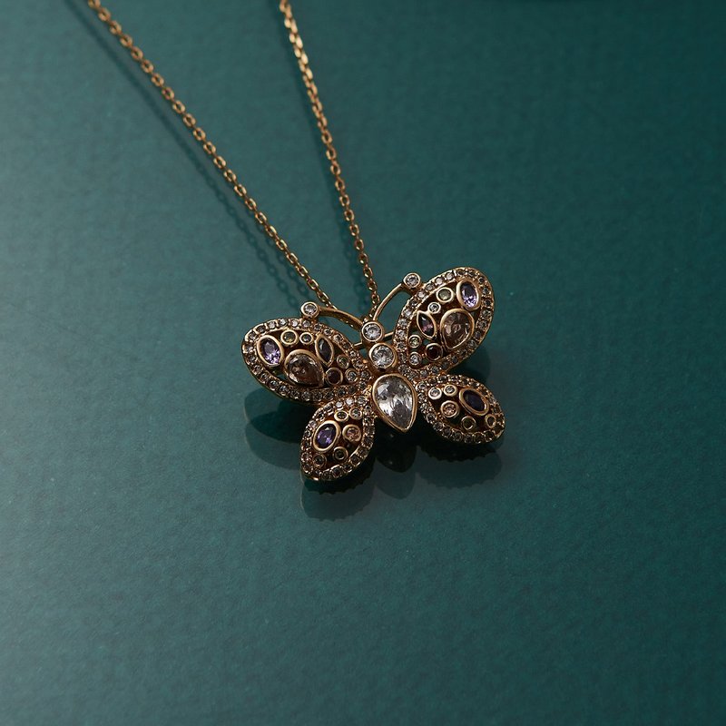 Jaipur彩鑽美蝶項鍊  別針兩用款 - 項鍊 - 銅/黃銅 金色