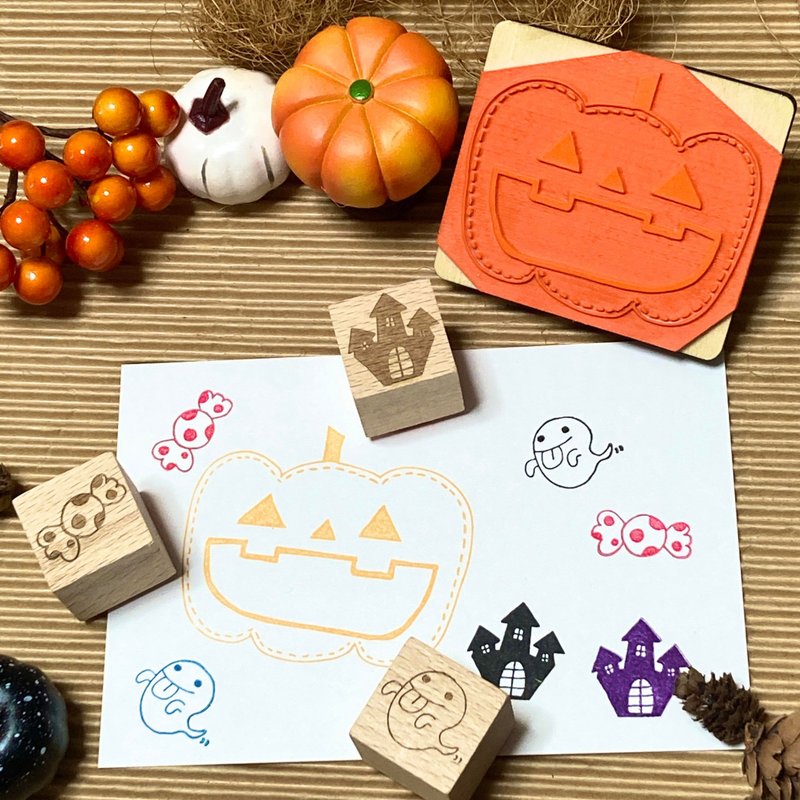 ハロウィン　はんこ4点セット　名札にも使える　Happy Halloween - 印章/印台 - 橡膠 咖啡色