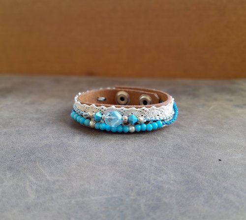 Luckysevenleather Lace Bracelet, Baby Blue Beads and Crystal Women's Leather Cuff, Birthday Gift