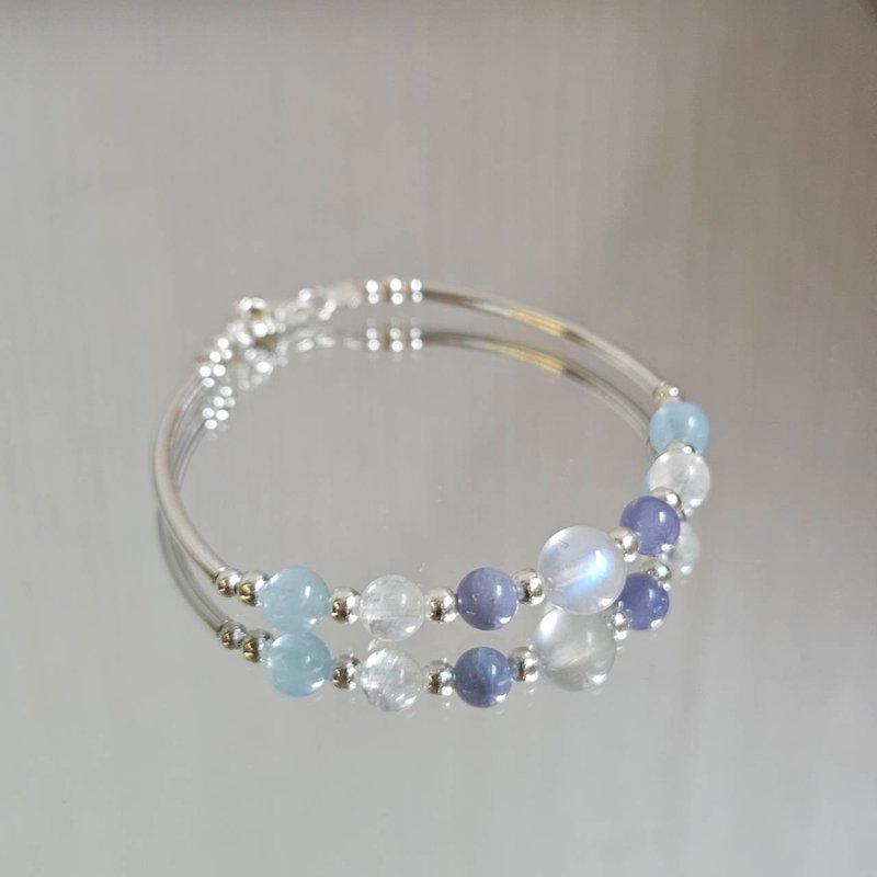 Moonlight Macaron Series S925 Sterling Silver Stone Moonstone Aquamarine Bracelet | Handmade to order - สร้อยข้อมือ - เงินแท้ 