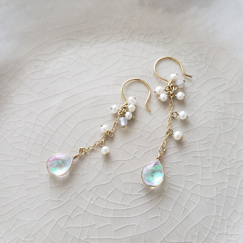 rainbow dew and freshwater pearls pierced or clip-on earrings - Earrings & Clip-ons - Resin White