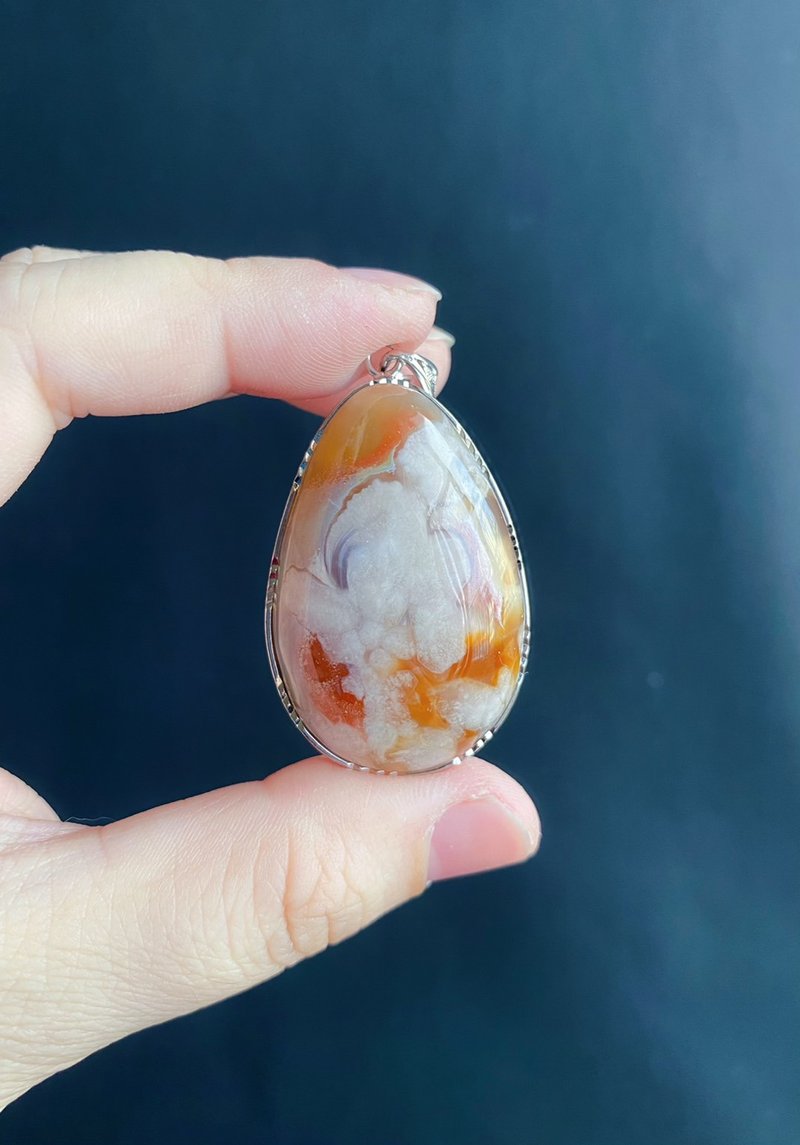【售出】櫻花瑪瑙 焦糖色 大花帶騷粉 牛血紅 項鍊 S925銀鑲 吊墜 - 項鍊 - 水晶 橘色