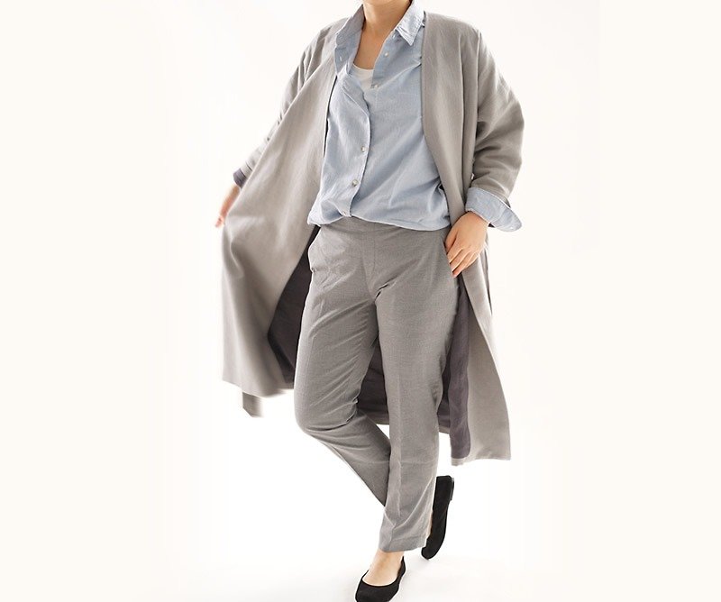 Warm linen × Miyaso Drop drop shoulder gown coat lined / Gray h022c-gry3 - ジャケット - コットン・麻 グレー