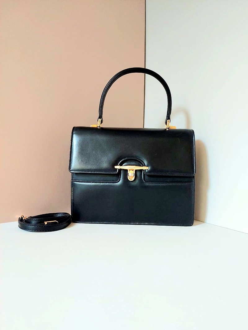 【LA LUNE】Second-hand GUCCI black swivel buckle leather Kelly shoulder bag side crossbody handbag - Messenger Bags & Sling Bags - Genuine Leather Black