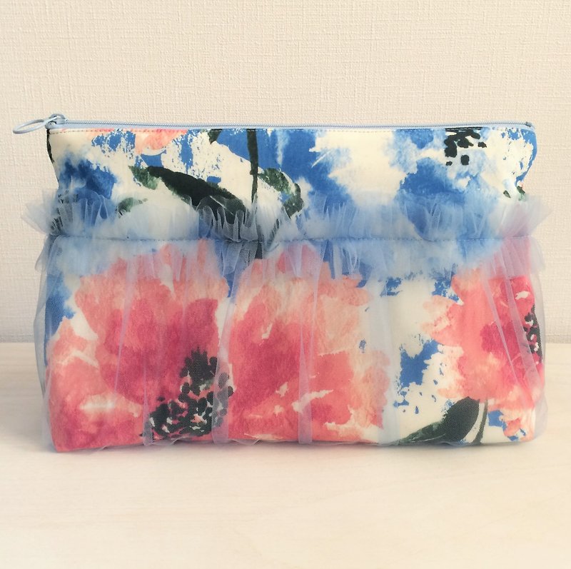 Floral over tulle big porch pink × blue ruffled gusset - Toiletry Bags & Pouches - Cotton & Hemp Pink