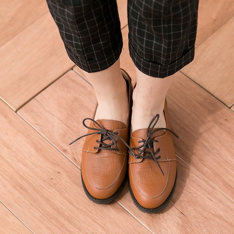 Maffeo Oxford shoes retro embossed straps United States imported leather thick with Oxford shoes (3460 brown) - รองเท้าอ็อกฟอร์ดผู้หญิง - หนังแท้ สีนำ้ตาล