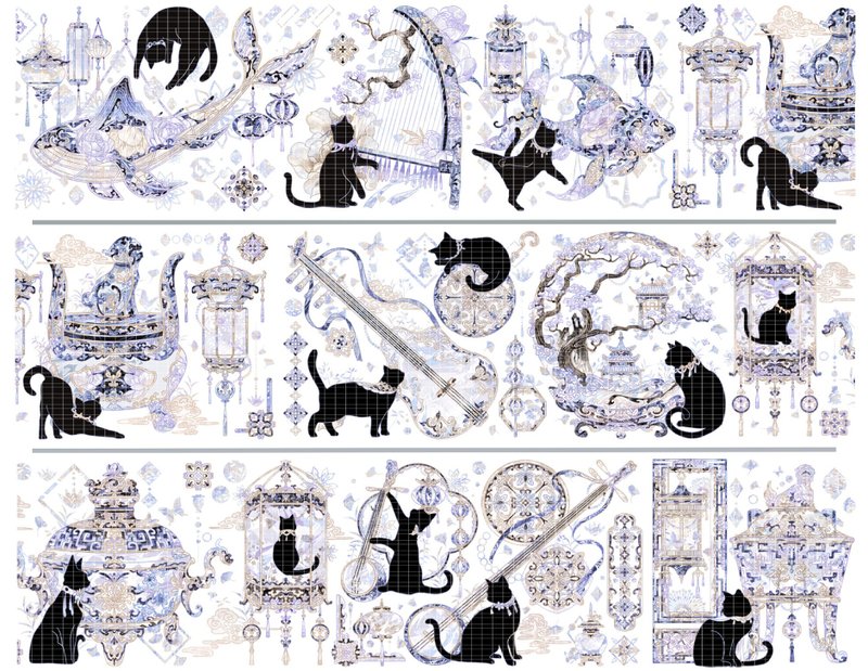 Black cat oriental ancient style PET paper tape shell light / cut sticker roll star film - Washi Tape - Other Materials Purple