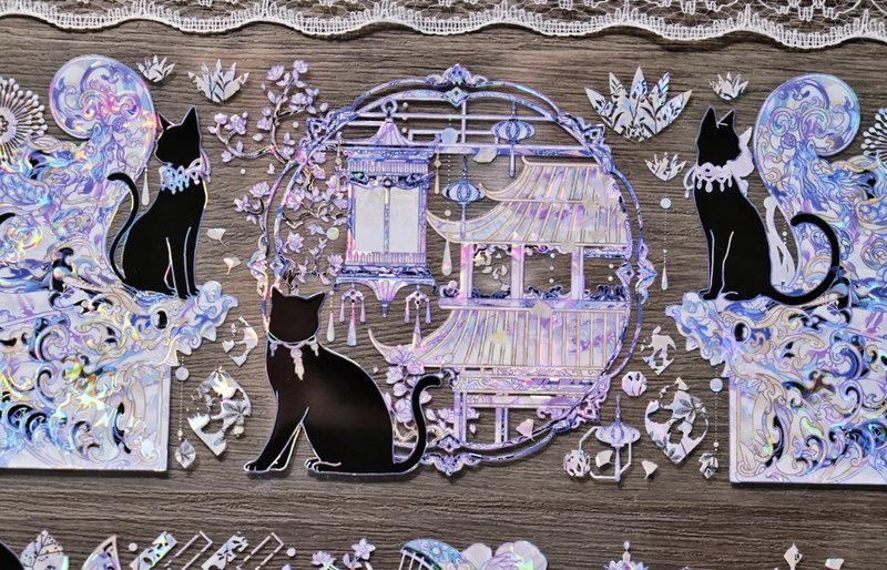 Black cat oriental ancient style PET paper tape shell light / cut sticker roll star film - Washi Tape - Other Materials Purple