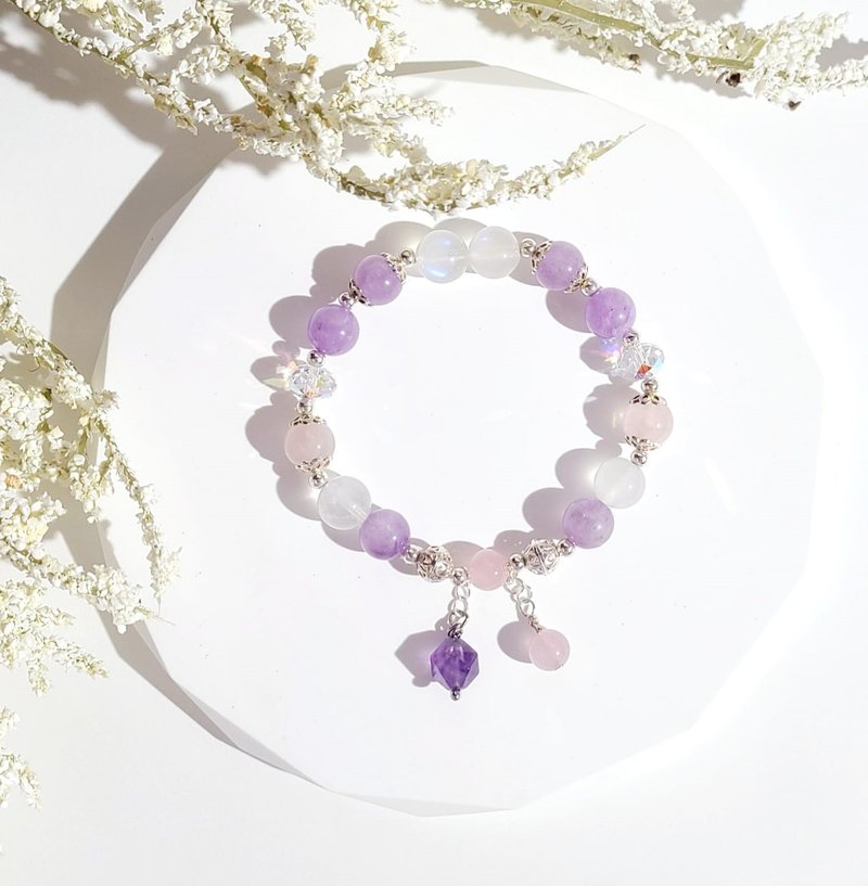 Qingyou Purple Pink White-Natural Blue Light White Moonstone/Light Pink Crystal/Lavender Amethyst Bracelet - Bracelets - Crystal 