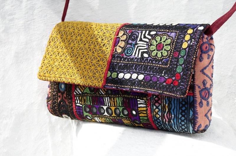 Christmas gifts limited edition of a hand-embroidered ancient cloth oblique bag / national wind bag / side backpack / shoulder bag / handmade bag / embroidery bag-yellow sun desert mirror old cloth embroidery totem - Messenger Bags & Sling Bags - Cotton & Hemp Multicolor