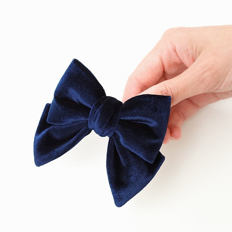 Navu Blue Velvet Bow for Adult, Small Dark Blue Hair Bow Clip Barrette for Women - 髮夾/髮飾 - 其他材質 藍色