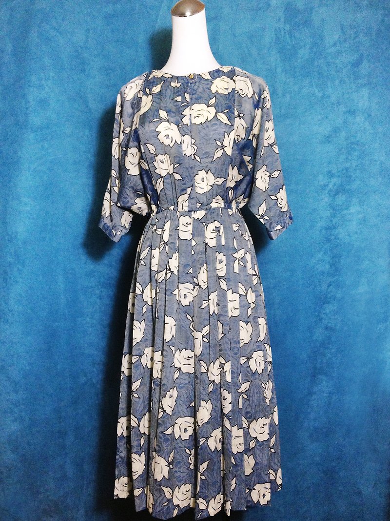 When vintage [antique dress / rose textured vintage fifth sleeve long dress] abroad back to vintage dress VINTAGE - One Piece Dresses - Polyester Blue