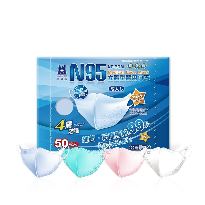 Blue Eagle N95 3D Adult Medical Face Mask 50 Pack - Face Masks - Other Materials Blue